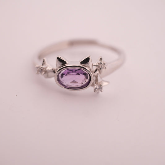 Amethyst Cat and Star S925 Adjustable Ring