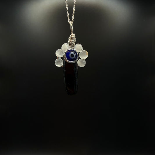 Protection Obsidian Selenite and Evil Eye Handmade S925 Necklace