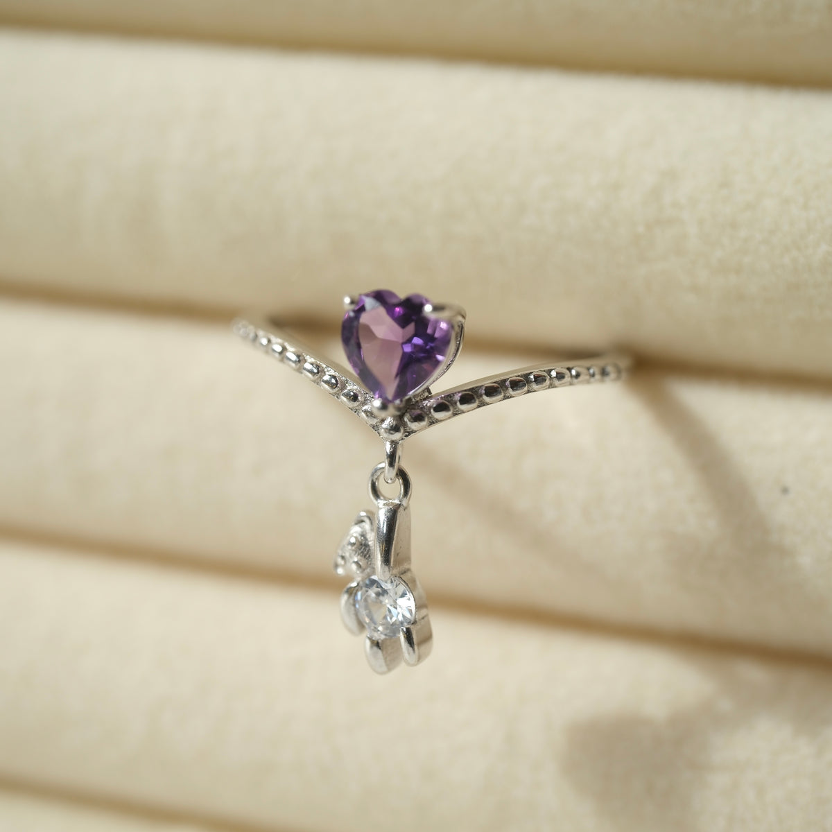 Amethyst Heart & Teddy S925 Adjustable Ring • Peace • Clarity • Spirituality