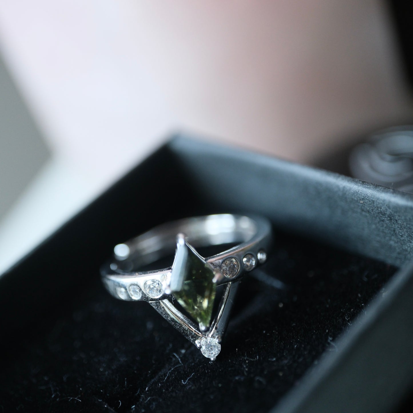 Moldavite Intention Ring in rhodium-plated sterling silver