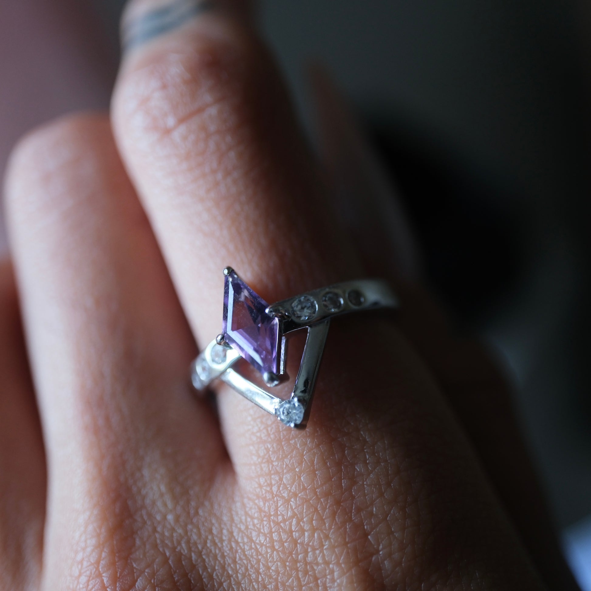 Amethyst Intention Ring worn with point facing upward