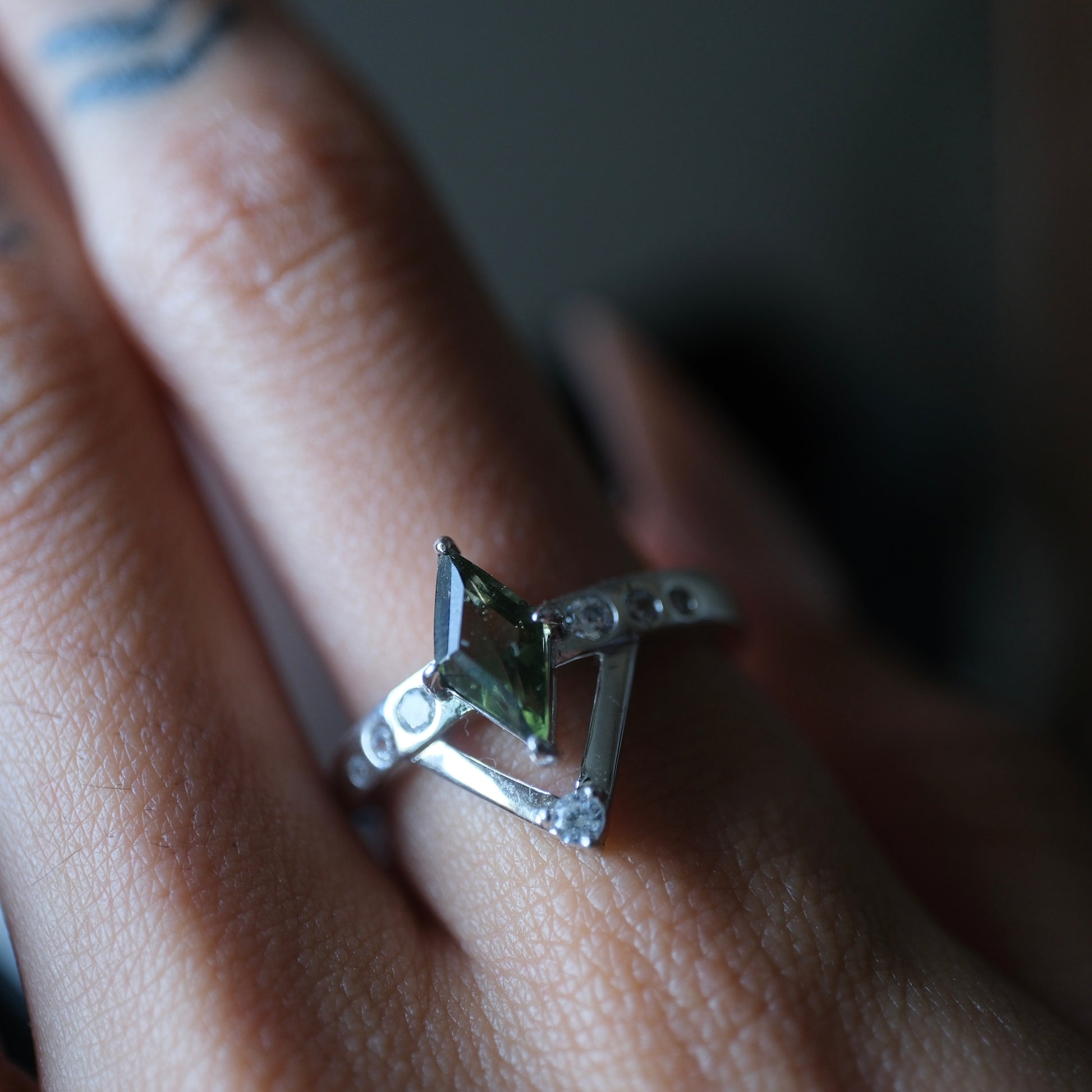 Moldavite Intention Ring worn with point facing upward
