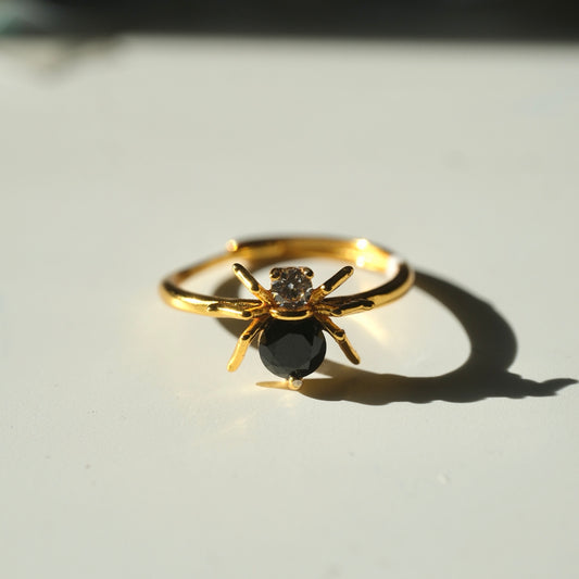 Halloween Obsidian Spider S925 Adjustable Ring