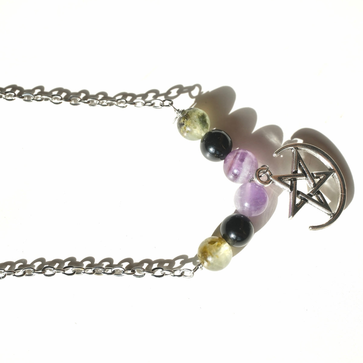 Halloween Handmade Prehnite Black Onyx & Amethyst Moon Pentagram Necklace