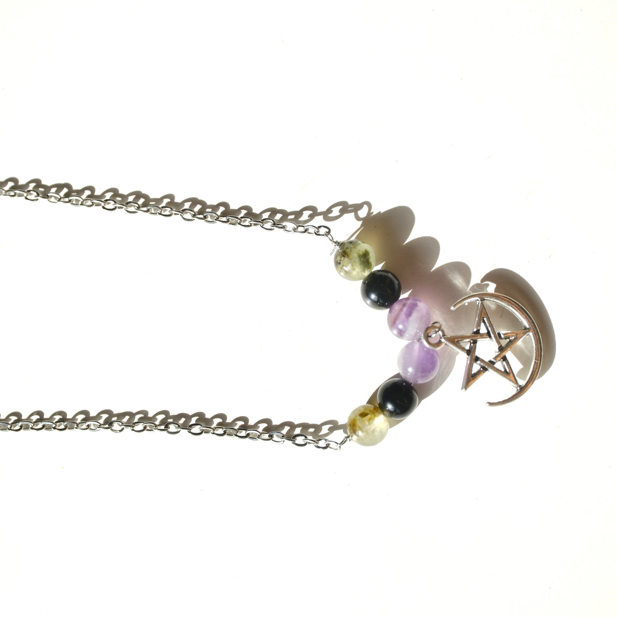 Halloween Handmade Prehnite Black Onyx & Amethyst Moon Pentagram Necklace