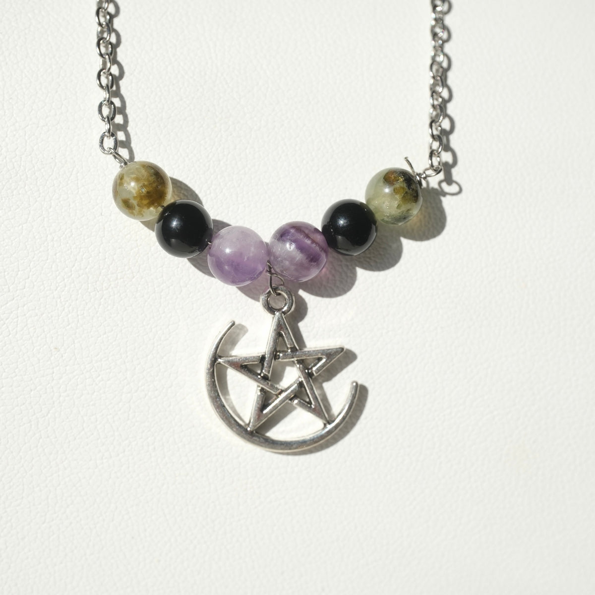 Halloween Handmade Prehnite Black Onyx & Amethyst Moon Pentagram Necklace