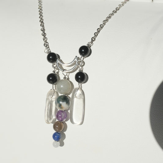 Halloween Handmade Clear Quartz, Onyx & Intuitive Protection Crystals Necklace