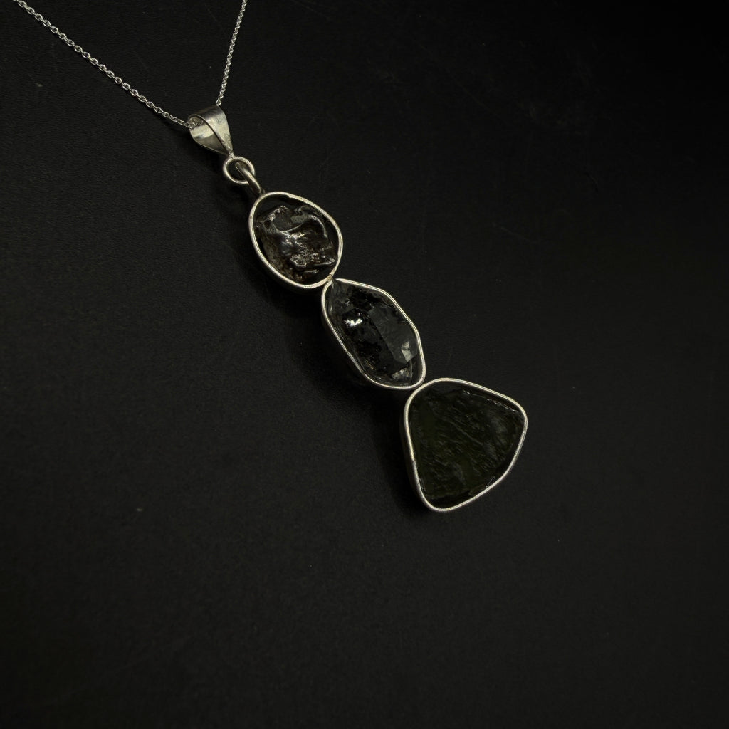 Moldavite Herkimer Diamond and Meteorite S925 Certified Necklace