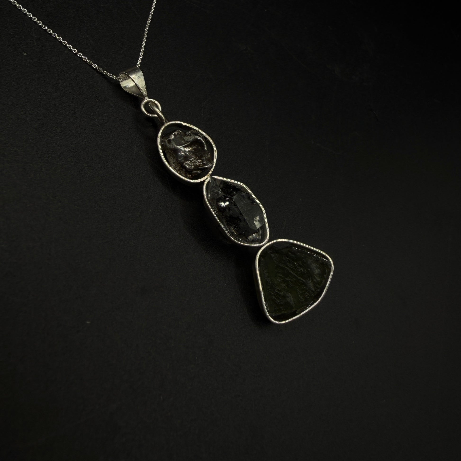 Moldavite Herkimer Diamond and Meteorite S925 Certified Necklace