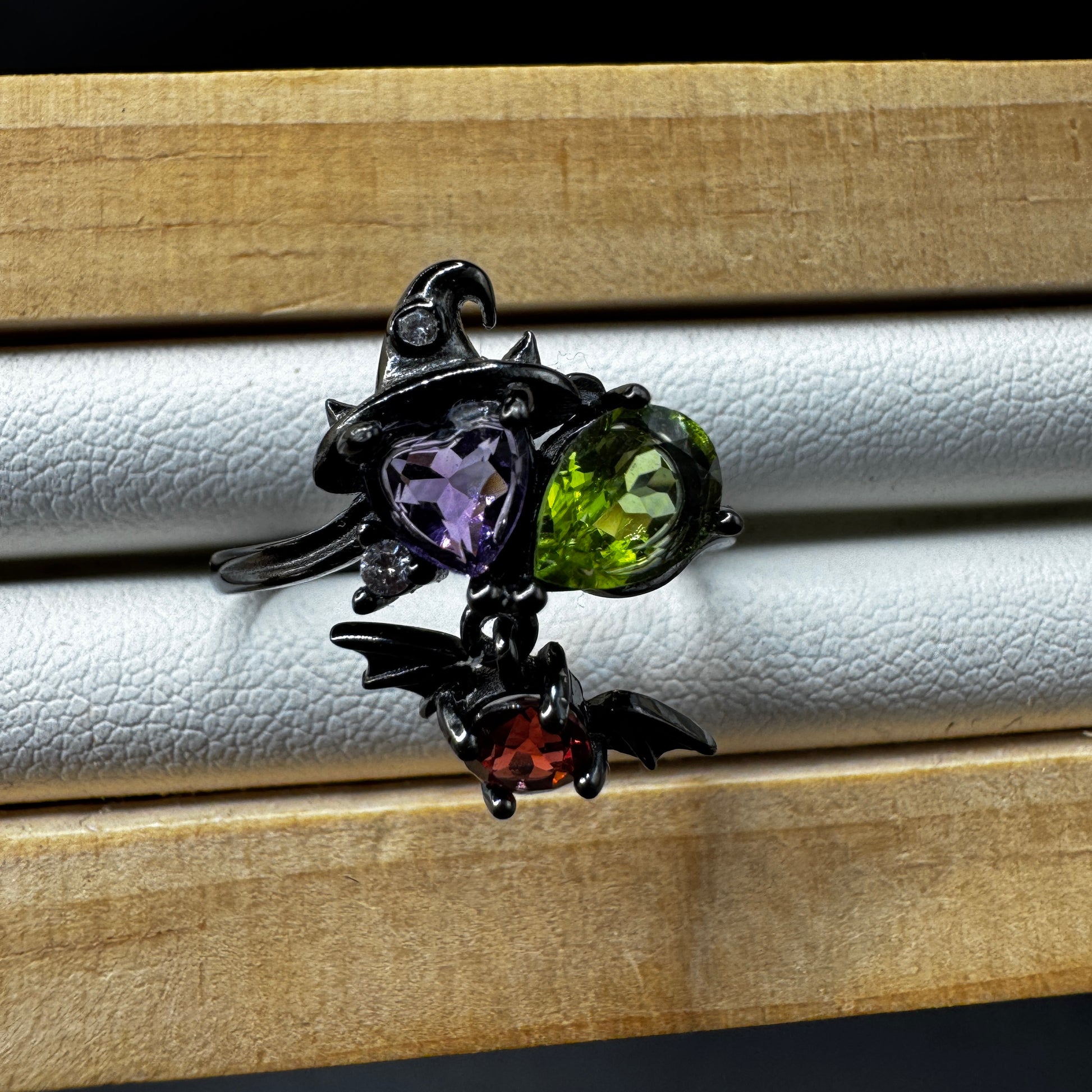 Garnet Amethyst and Peridot Witch S925 Halloween Ring