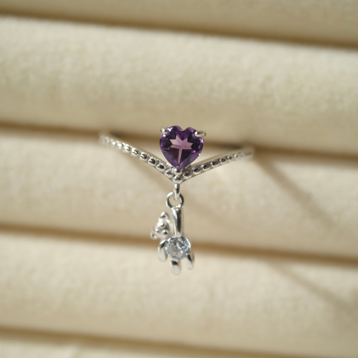 Amethyst Heart & Teddy S925 Adjustable Ring • Peace • Clarity • Spirituality
