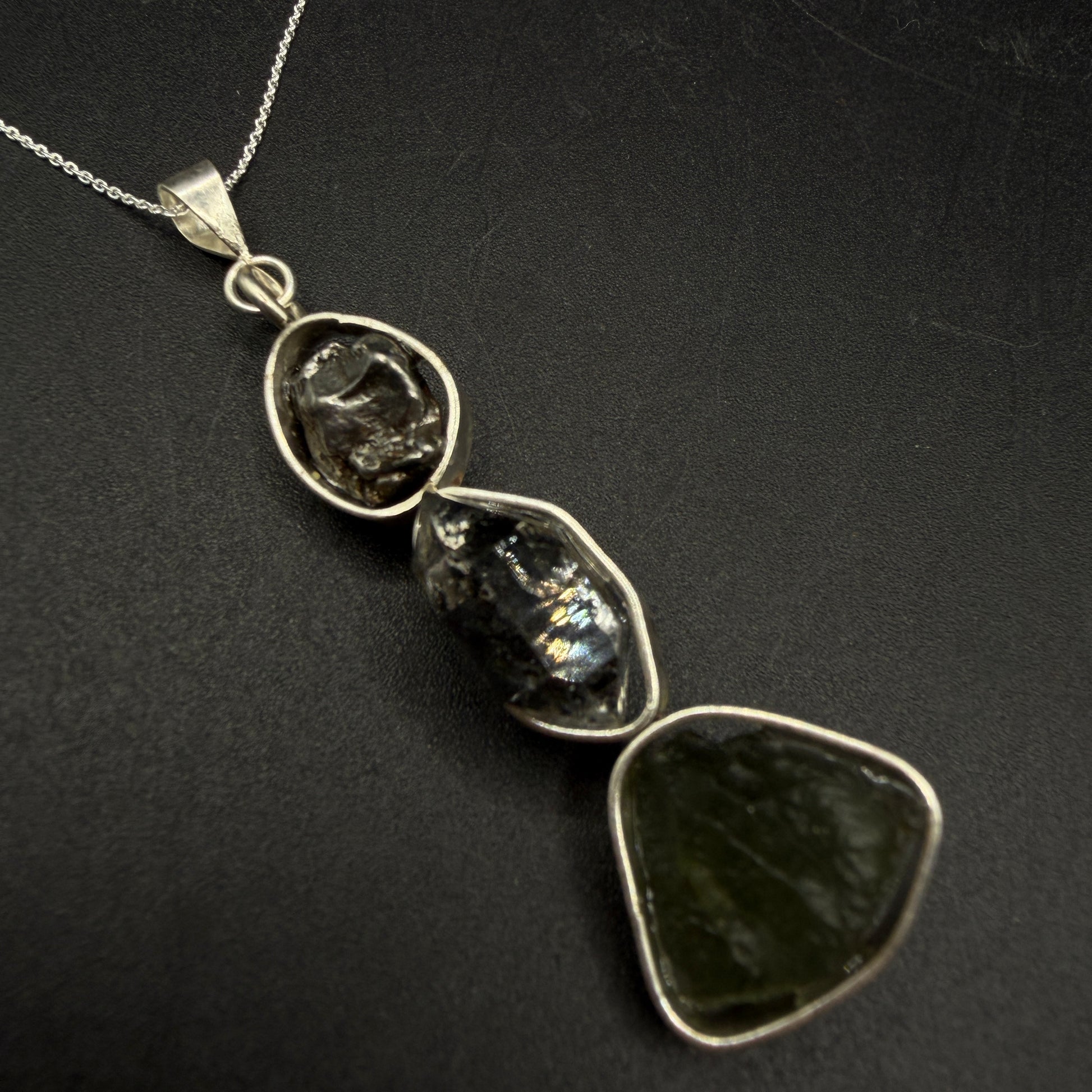 Moldavite Herkimer Diamond and Meteorite S925 Certified Necklace