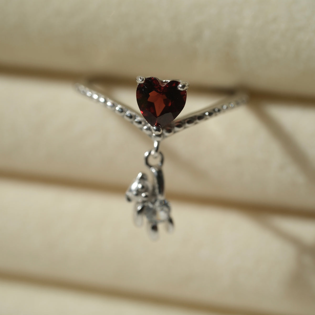 Garnet Heart & Text Teddy S925 Adjustable Ring • Courage • Passion • Confidence