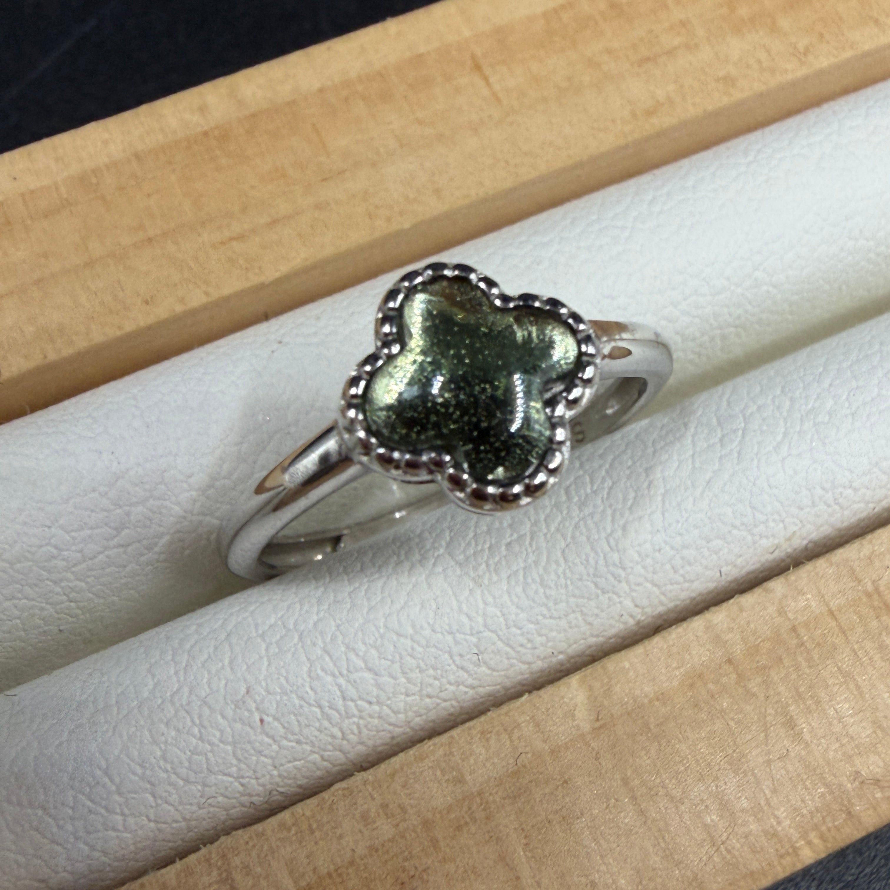 Moldavite Clover S925 Adjustable Certified Ring