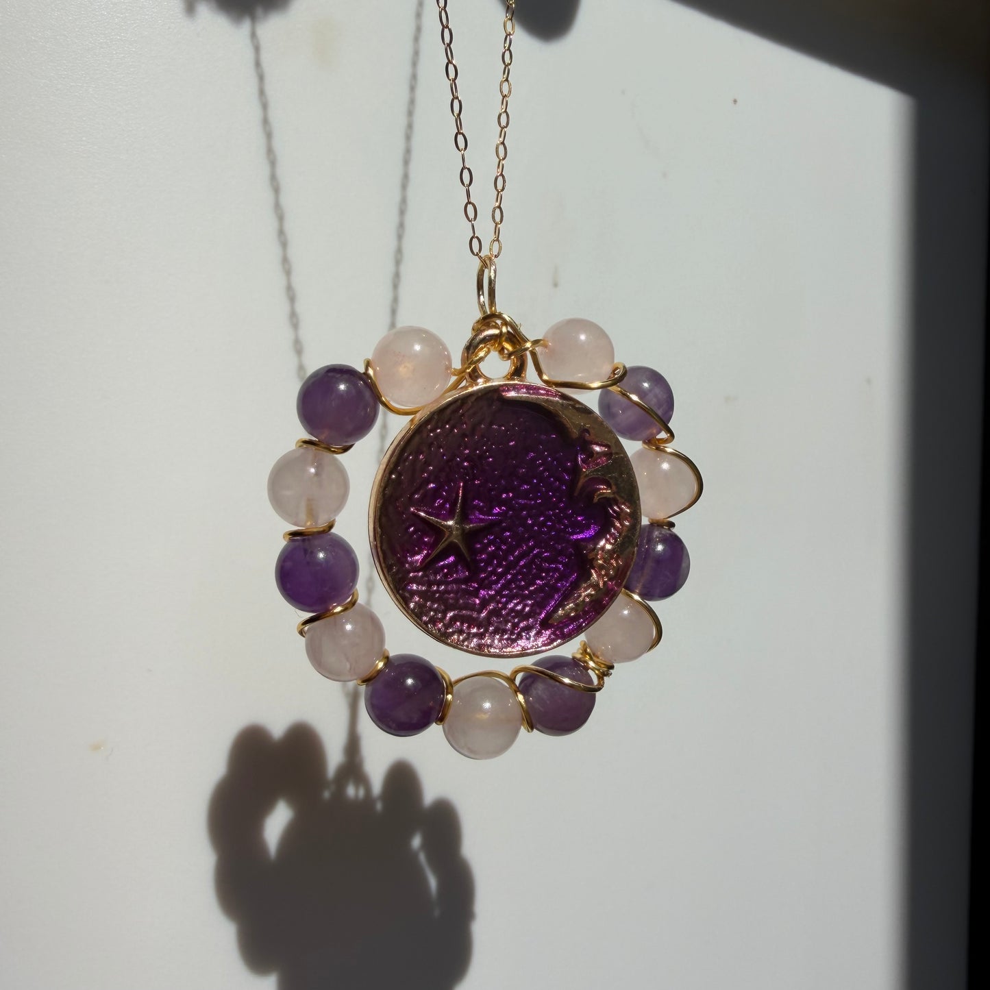 Moon Child Rose Quartz and Amethyst Handmade Necklace