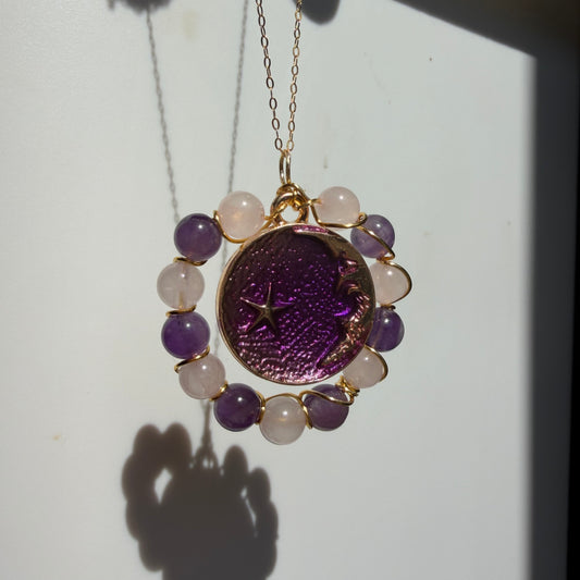 Moon Child Rose Quartz and Amethyst Handmade Necklace