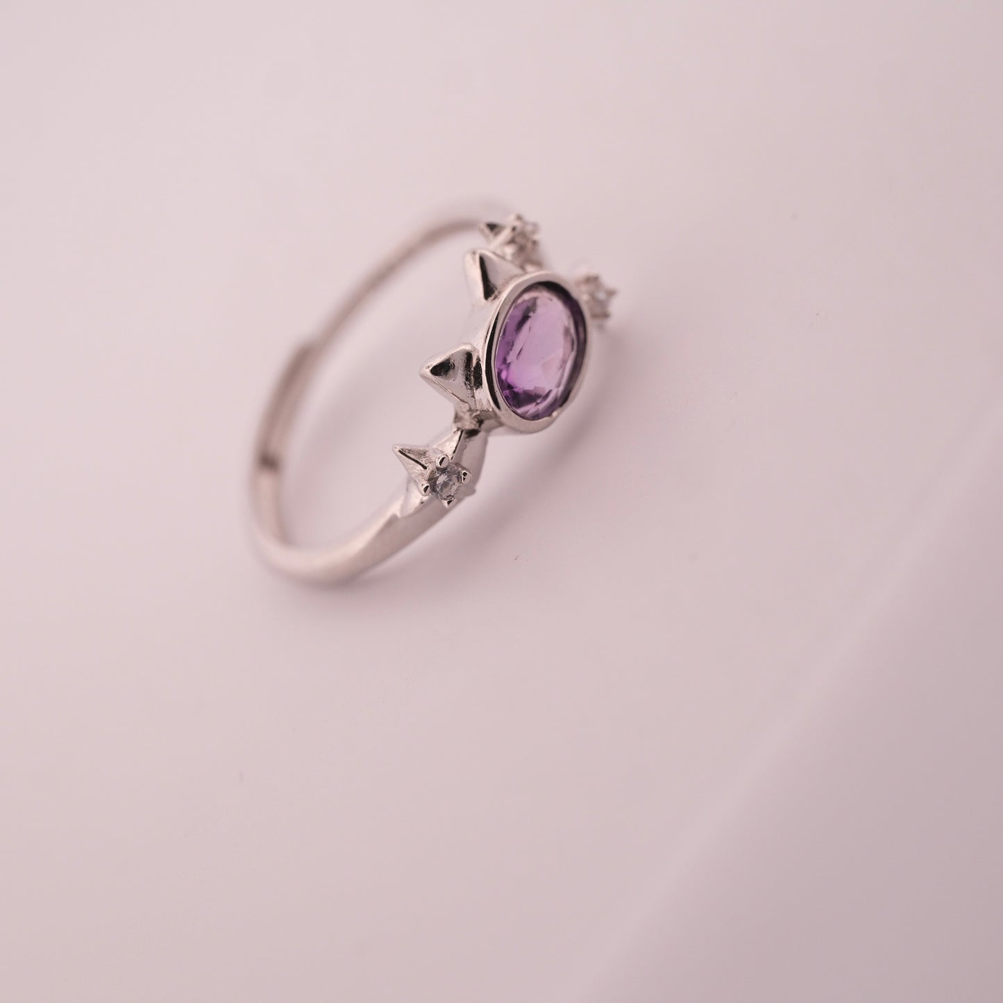 Amethyst Cat and Star S925 Adjustable Ring