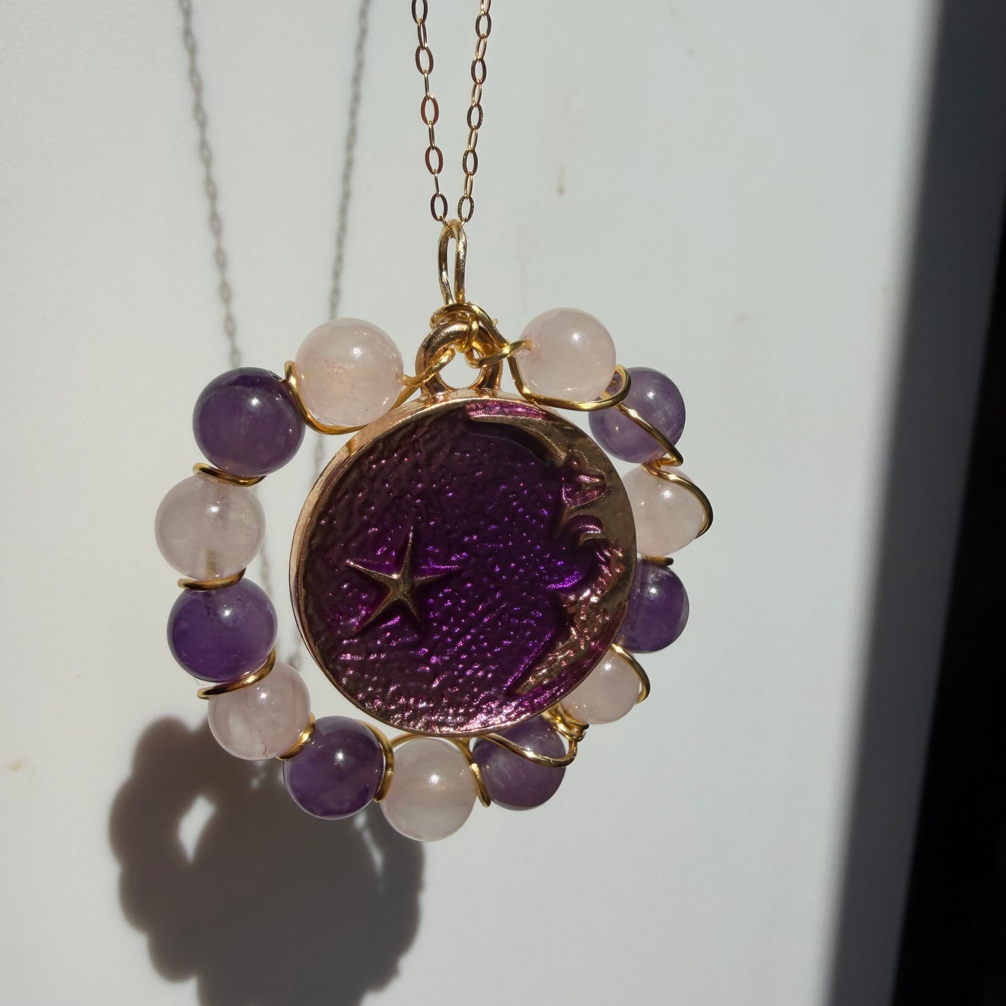 Moon Child Rose Quartz and Amethyst Handmade Necklace