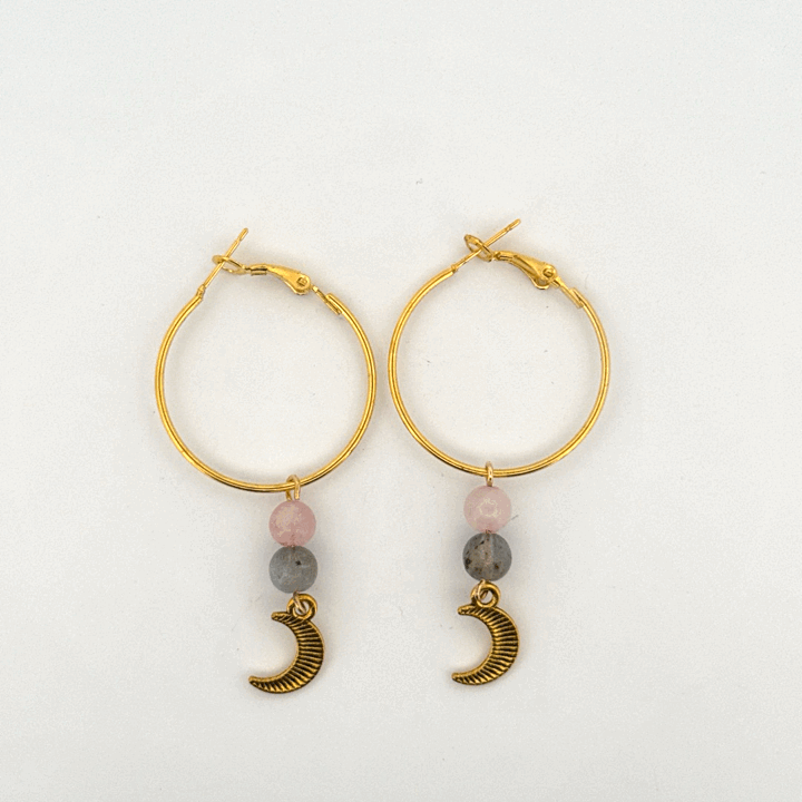 Rose Quartz and Labradorite Moon Handmade Hoop Earrings