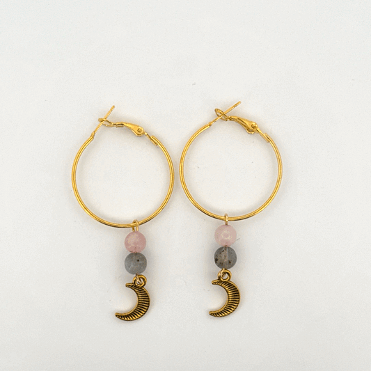 Rose Quartz and Labradorite Moon Handmade Hoop Earrings