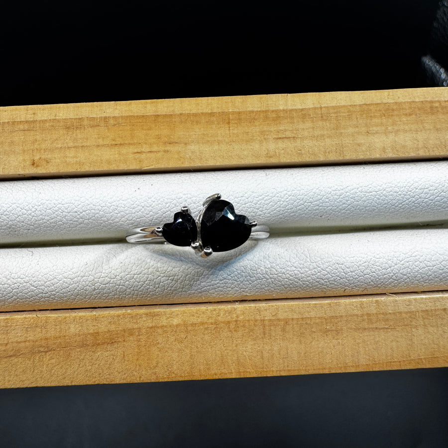 Black Spinel Double Heart S925 Adjustable Ring