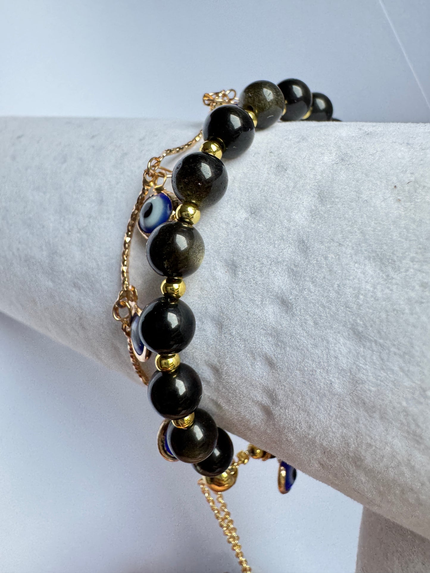 Golden Sheen Obsidian Evil Eye Double Bracelet