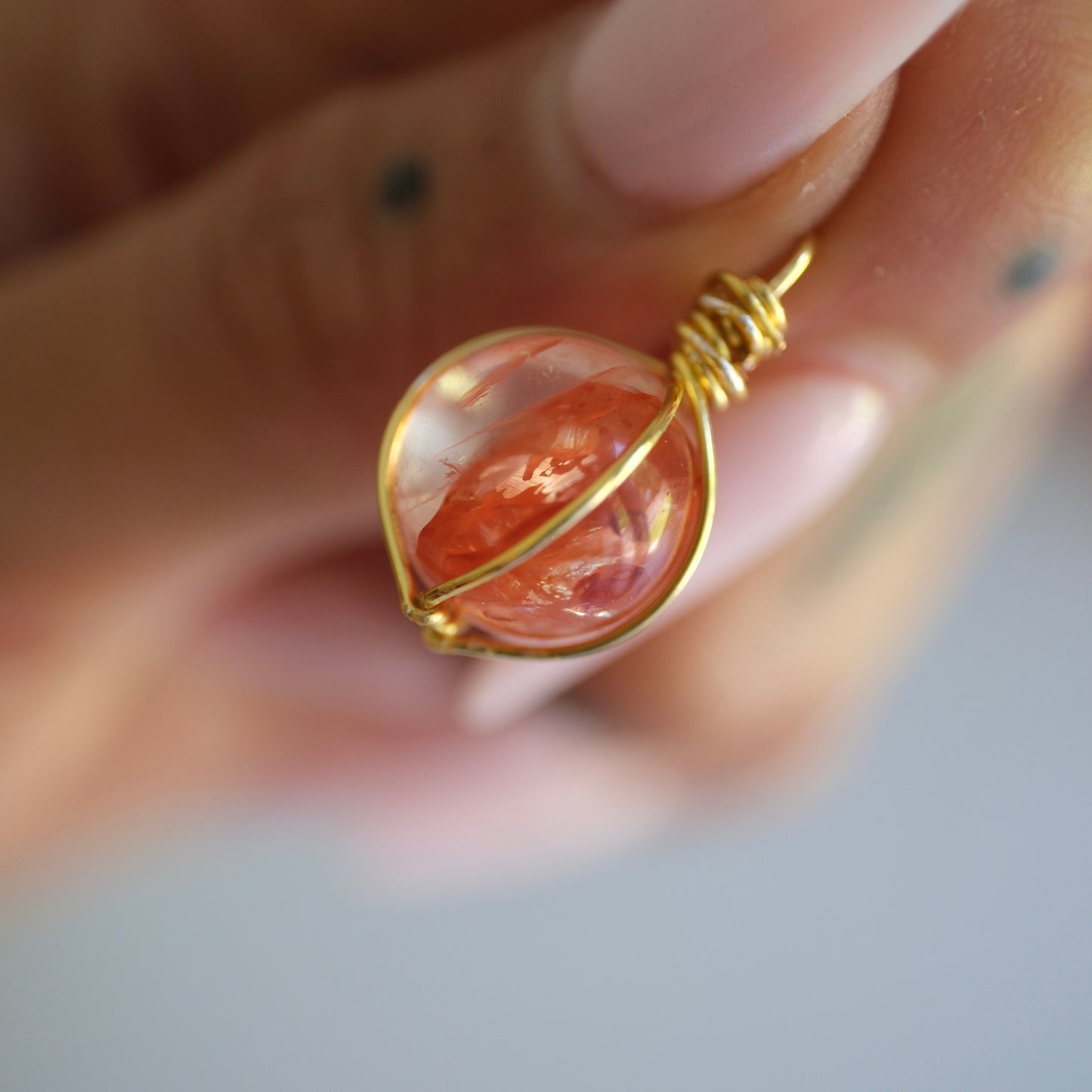 Fire Quartz Sphere Handmade Gold Necklace on S925 Chain