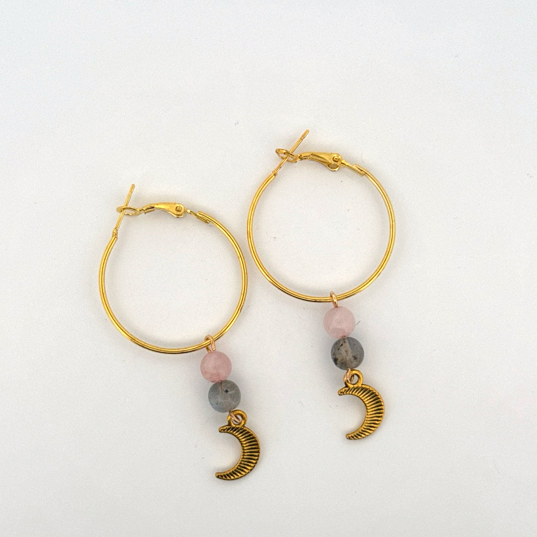 Rose Quartz and Labradorite Moon Handmade Hoop Earrings
