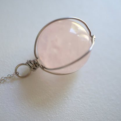 Rose Quartz Sphere Handmade Necklace on S925 Chain