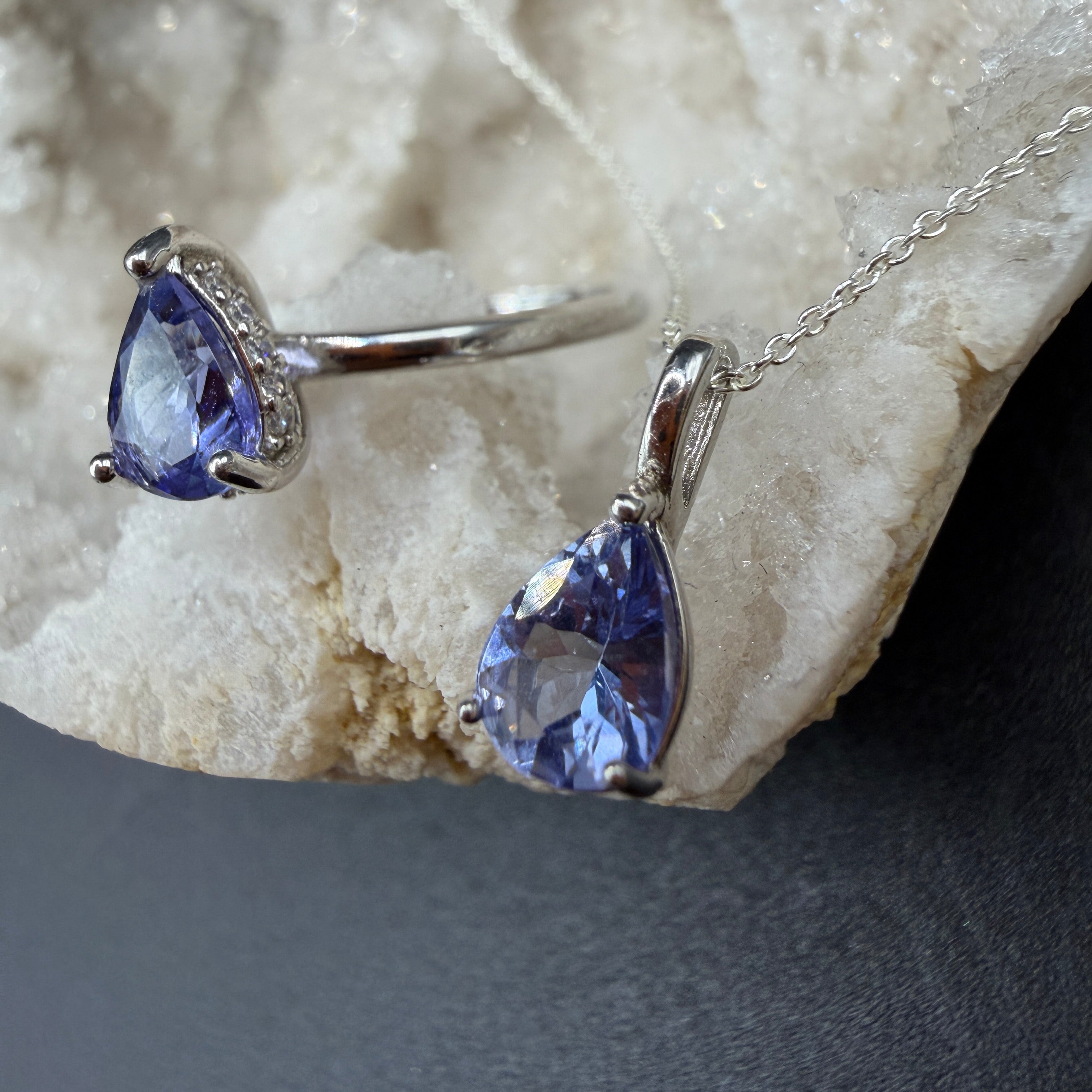 Tanzanite Teardrop Ring and Necklace S925 Certified Set