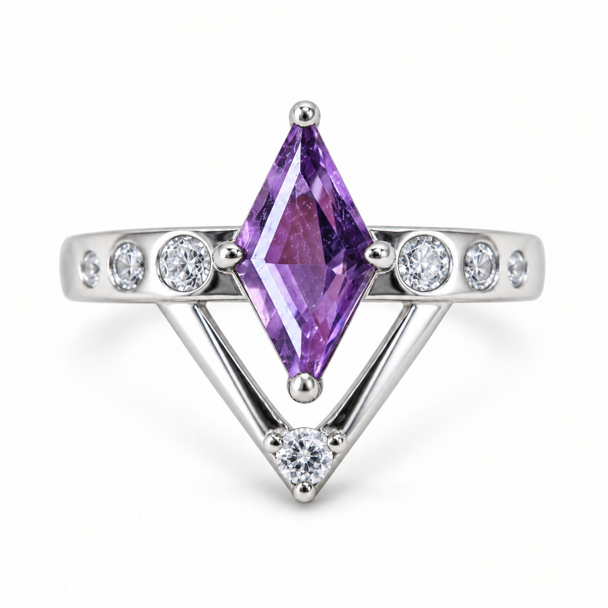 Amethyst sterling silver Auras Intention Ring, upright view on white background