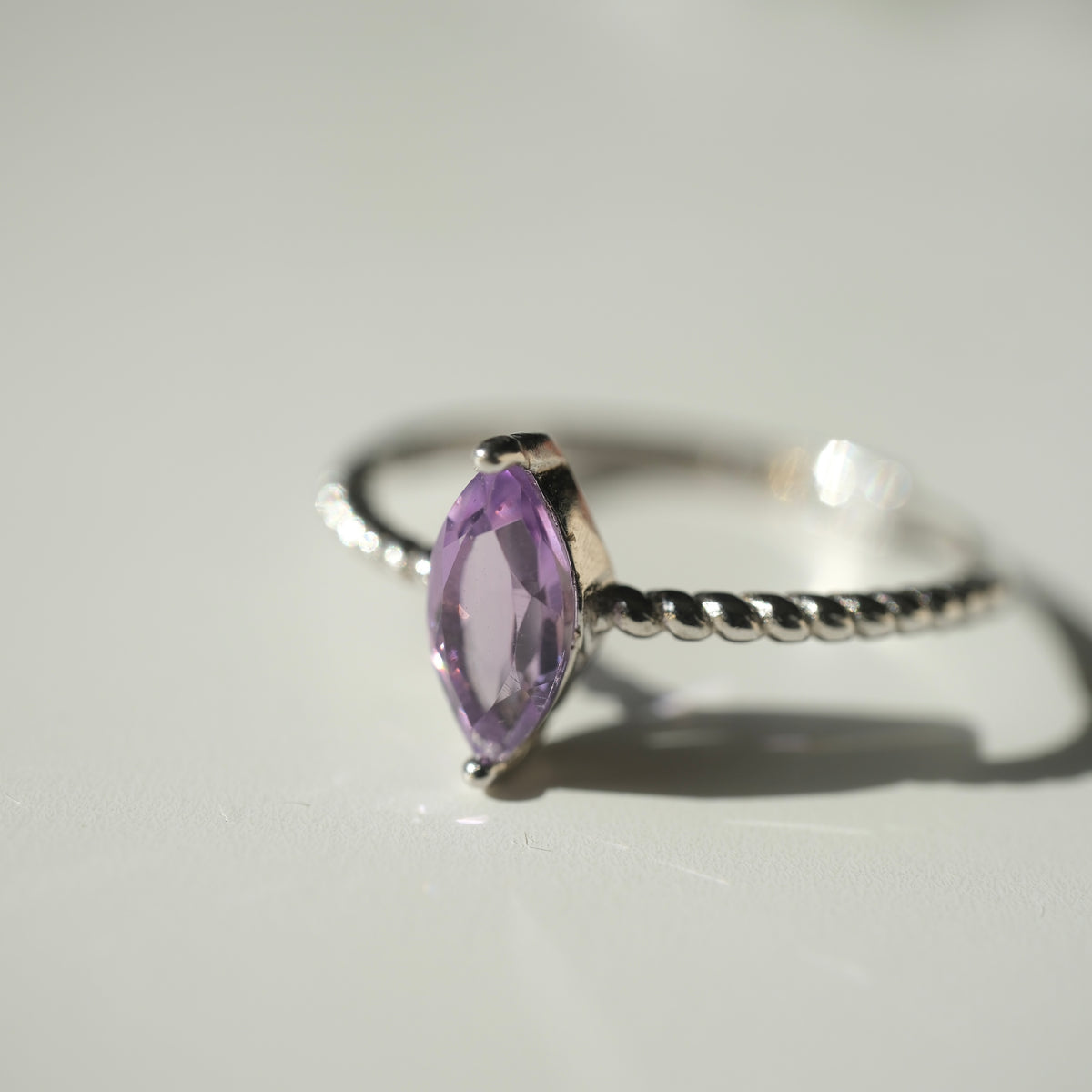 Amethyst marquise stone on a twisted S925 adjustable band, view 2434