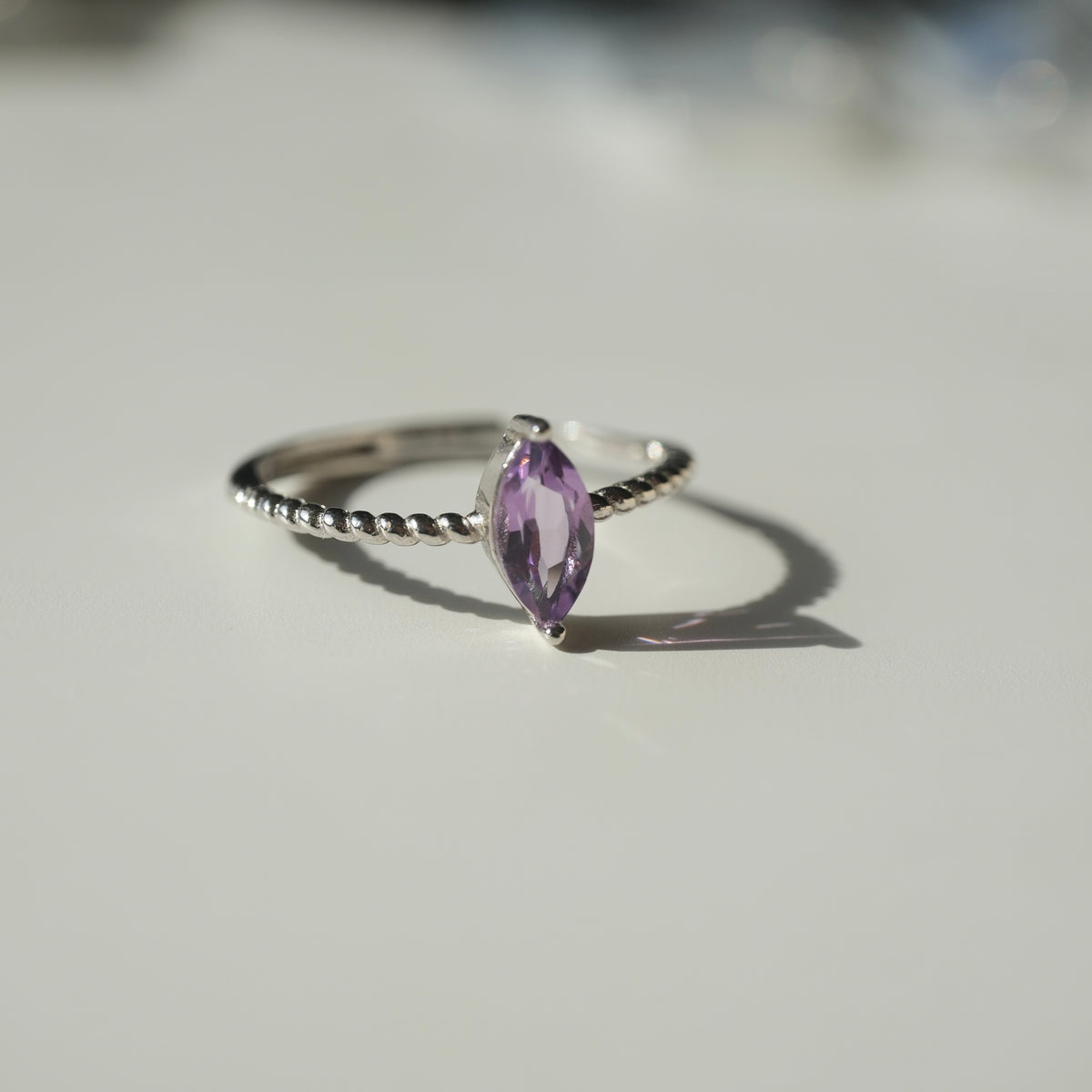 Amethyst marquise stone on a twisted S925 adjustable band, view 2439