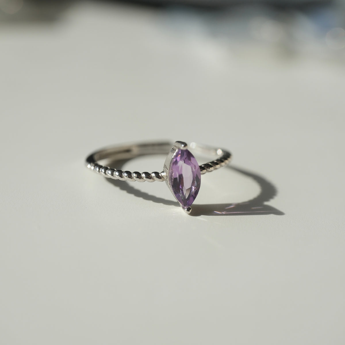 Amethyst marquise stone on a twisted S925 adjustable band, view 2440