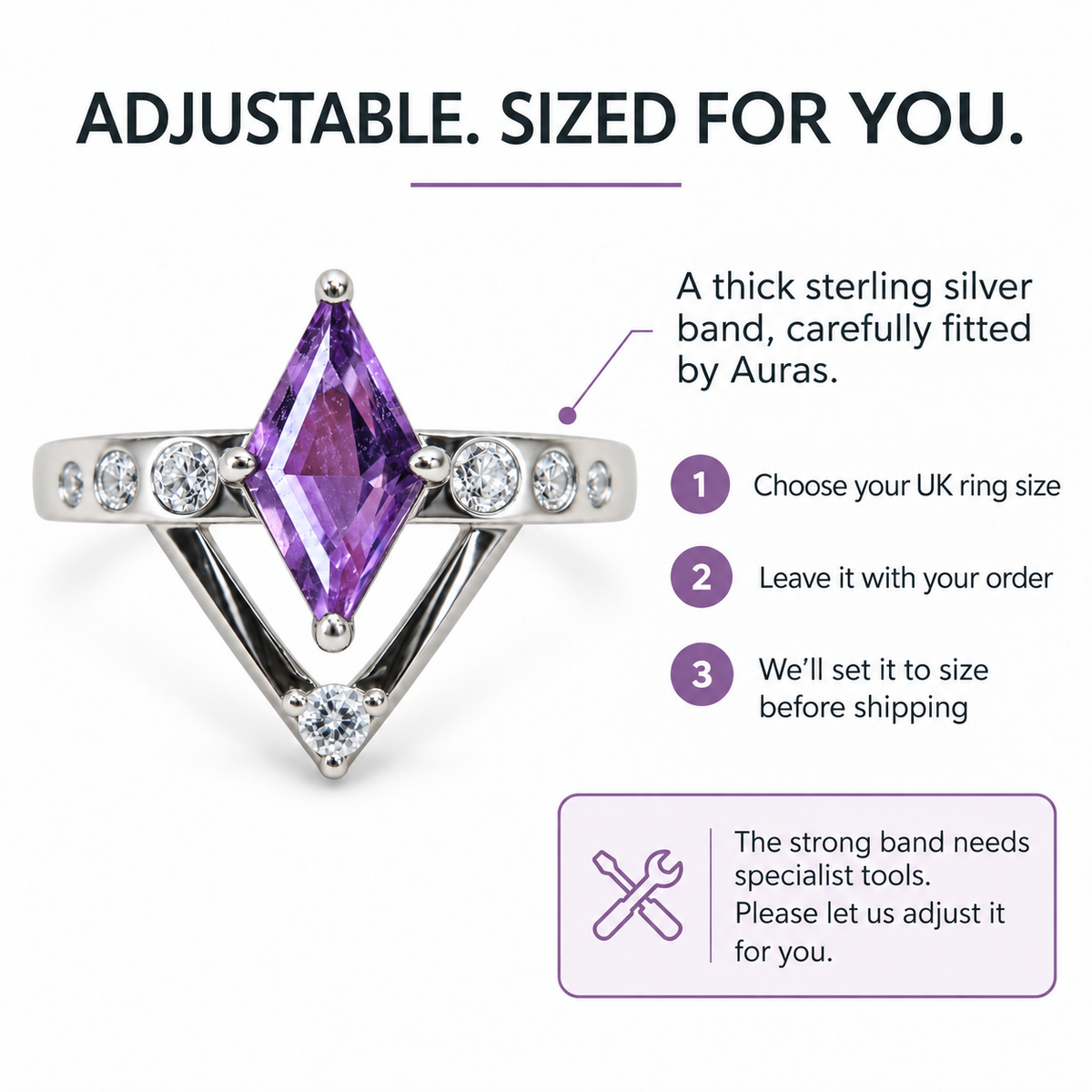Adjustable, sized for you. Thick sterling silver band needs specialist tools. Leave your UK ring size with your order and Auras will set it before shipping.