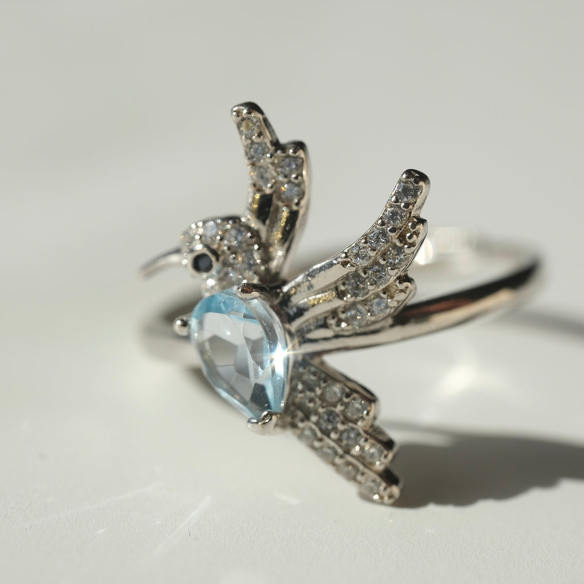 Aquamarine S925 adjustable bird ring, angle 2