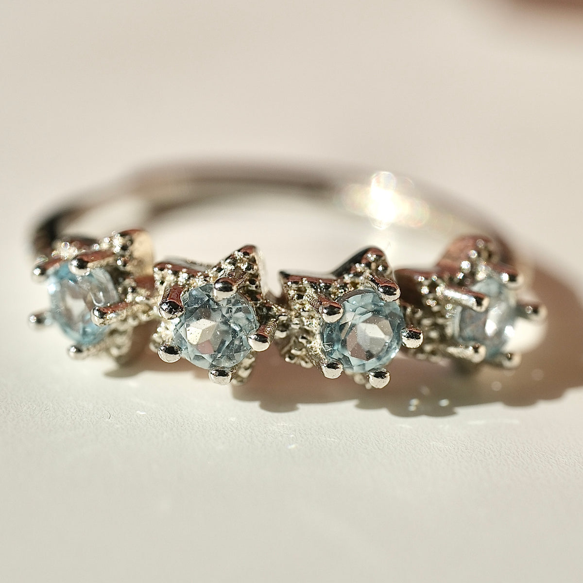 Aquamarine S925 adjustable ring with four star settings, view 2402