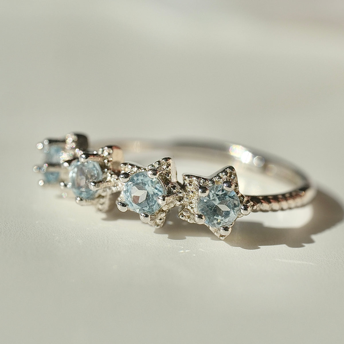 Aquamarine S925 adjustable ring with four star settings, view 2404