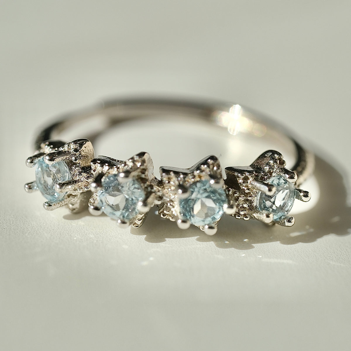 Aquamarine S925 adjustable ring with four star settings, view 2406