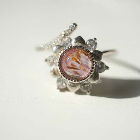 Auralite 23 S925 adjustable flower ring with pink cabochon and amber inclusions