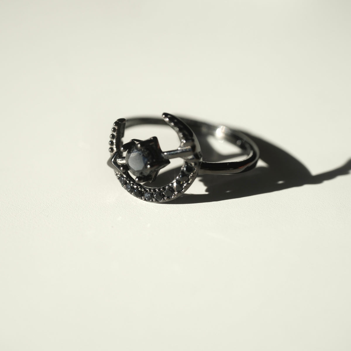Black Spinel Crescent Moon Ring | Protection, Grounding & Strength