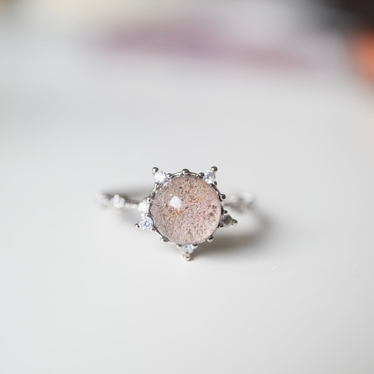 Garden Quartz round included gemstone adjustable sterling silver ring front close-up