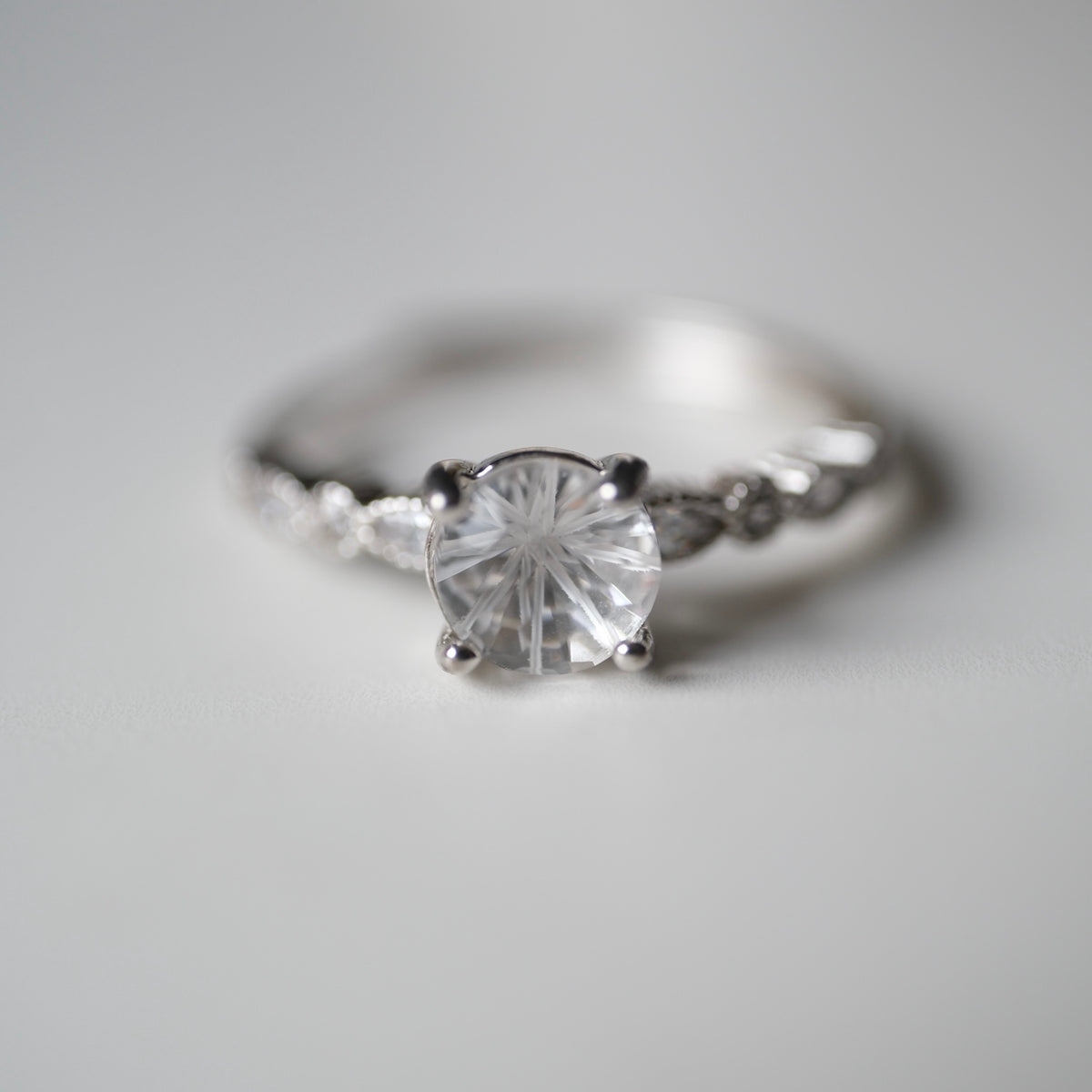 Clear Quartz round starburst gemstone adjustable silver ring front view