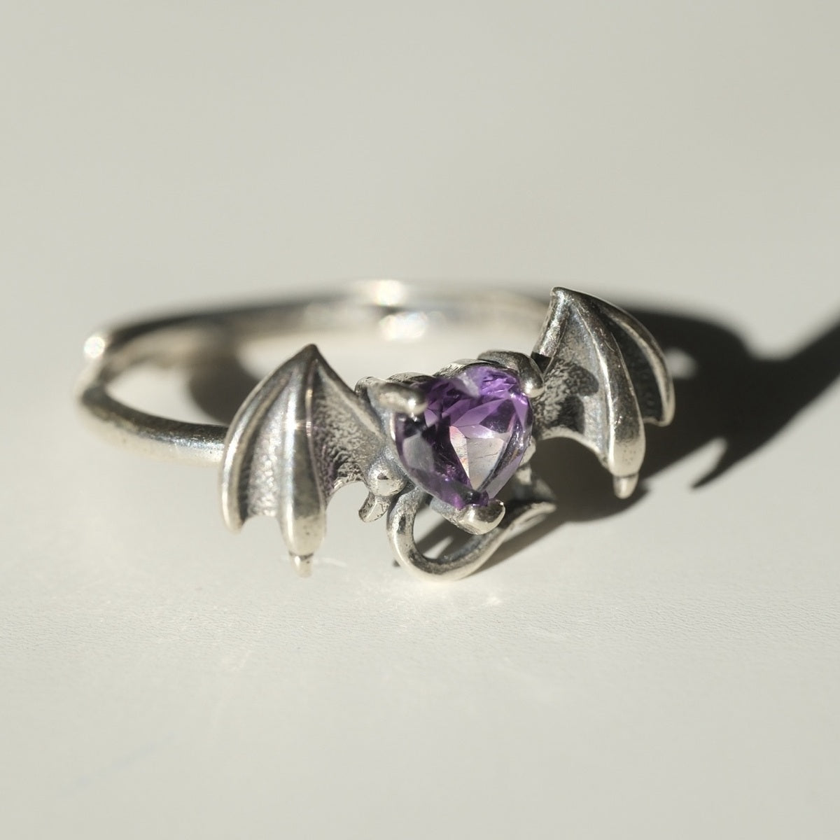 Halloween Amethyst Heart Bat Ring | Calm, Intuition & Protection