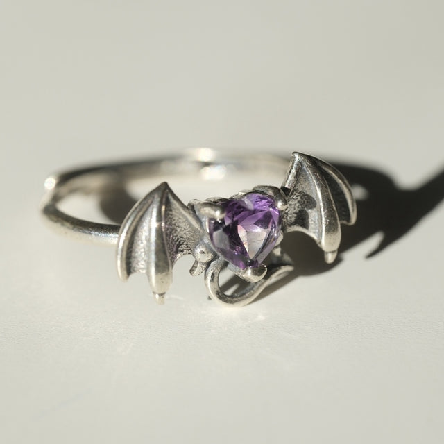 Halloween Amethyst Heart Bat Ring