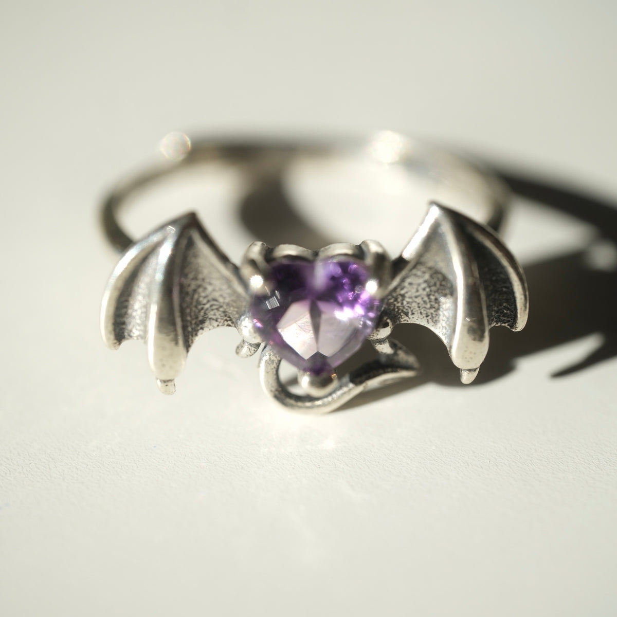 Halloween Amethyst Heart Bat Ring | Calm, Intuition & Protection