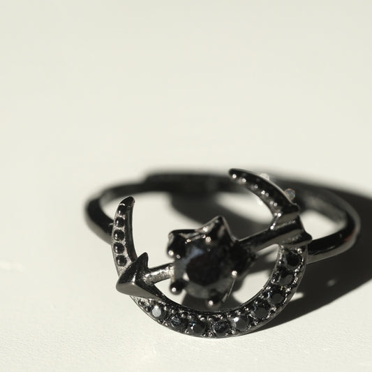 Black Spinel Crescent Moon Ring | Protection, Grounding & Strength