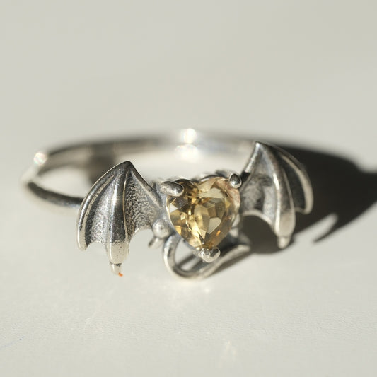 Halloween Citrine Heart Bat Ring | Abundance, Confidence & Positivity