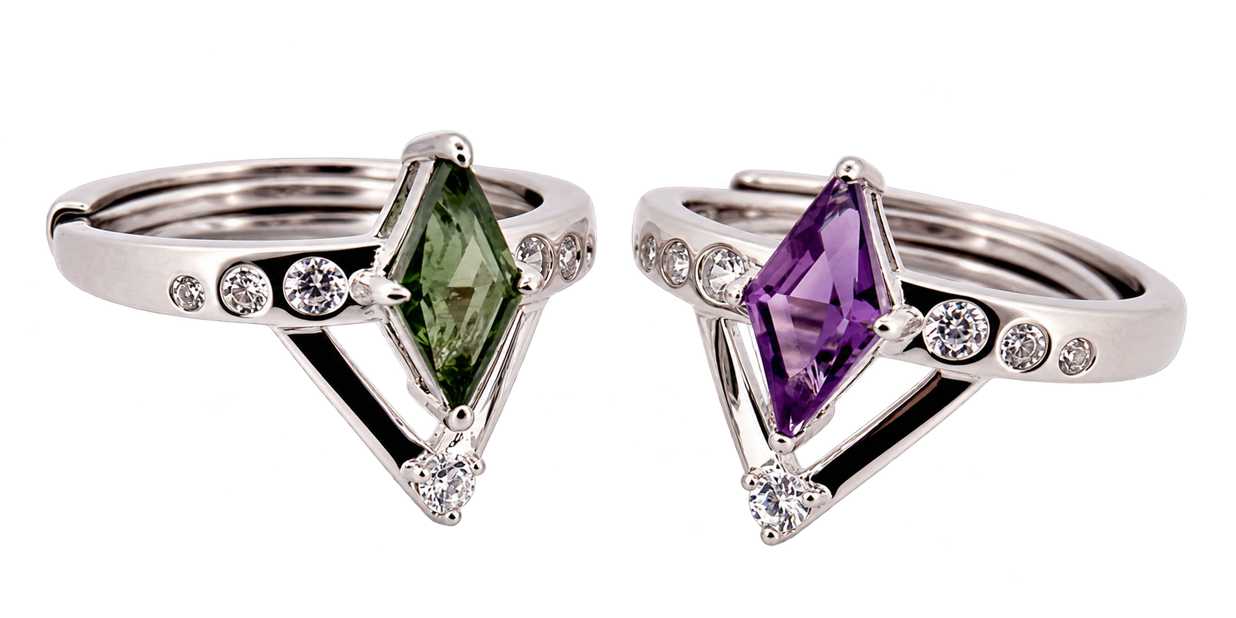 Moldavite and amethyst intention rings