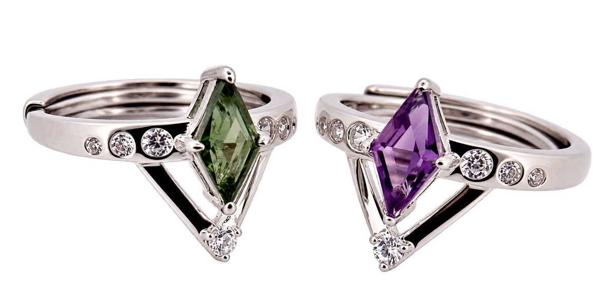 Auras Intention Ring collection showing Moldavite and Amethyst designs together; each ring sold separately